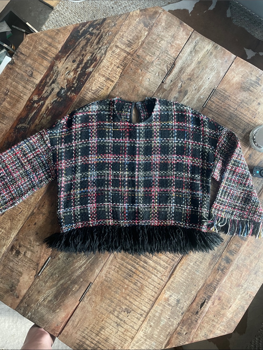 Zara Black Plaid Fringe Knit Poncho with Multi Yarn Accents